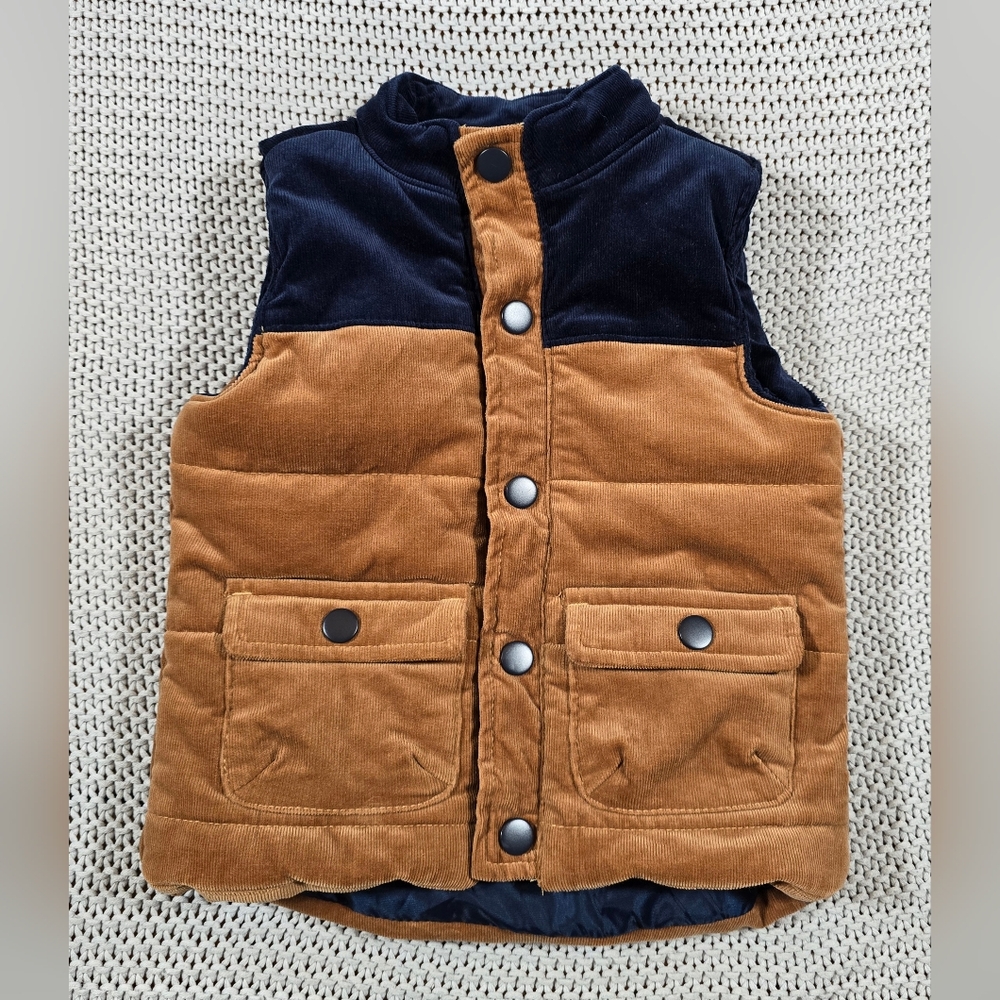 Tommy Bahama Puffer Vest Toddler Sz 24M Corduroy Brown Navy Snap Outdoor
